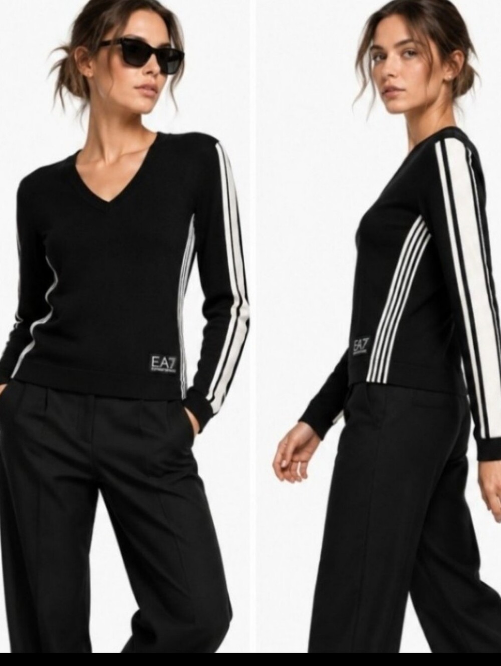 💥EA7 Emporio Armani Black V-Neck Knit Sweater Striped Sides & Sleeves L
